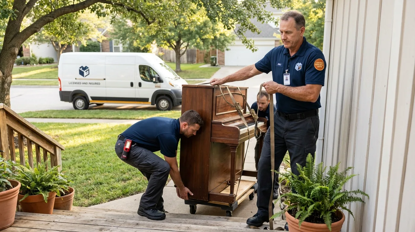 Licensed piano movers securing grand piano in Shakopee, MN