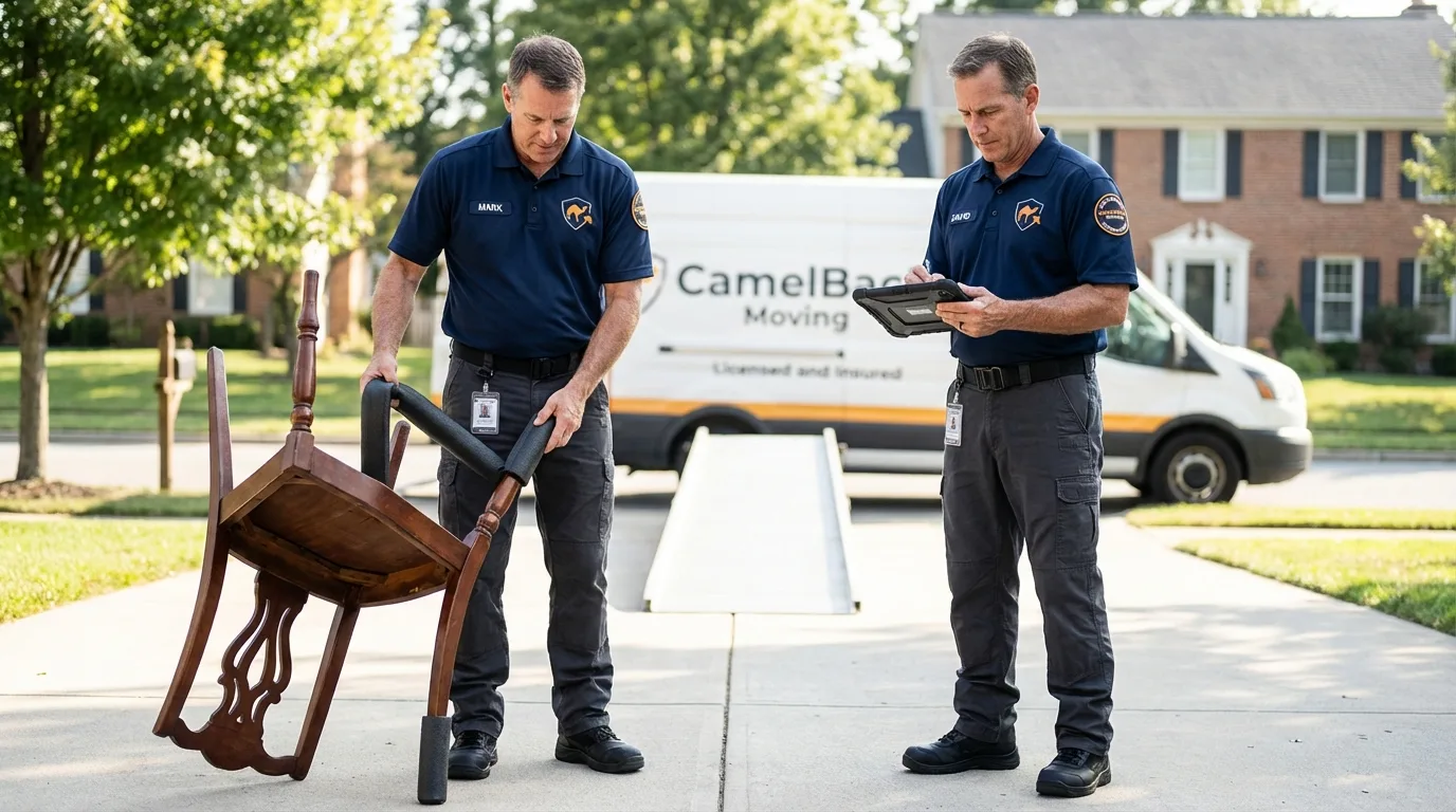 Movers inspecting furniture for damage prevention before loading in Shakopee, MN