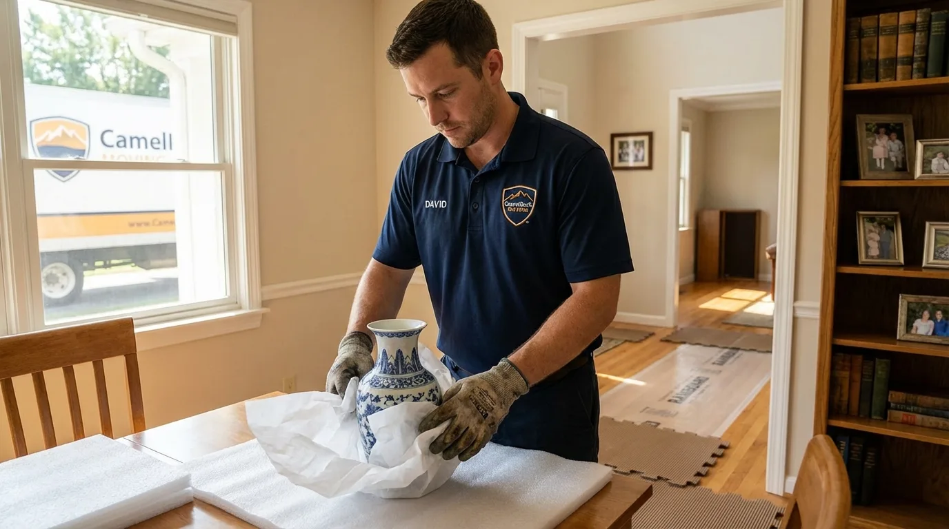 Professional crew carefully wrapping antique vase for senior downsizing move in Shakopee, MN